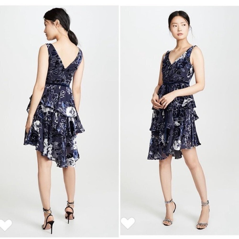 Marchesa Notte NWT New Velvet Blue Floral Cocktail Dress 0